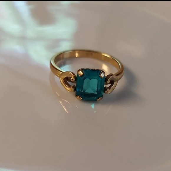 ART DECO RING - 10K GF 55% - 9/16" TEAL STONE - EUC VINTAGE Y2K! - Picture 1 of 16